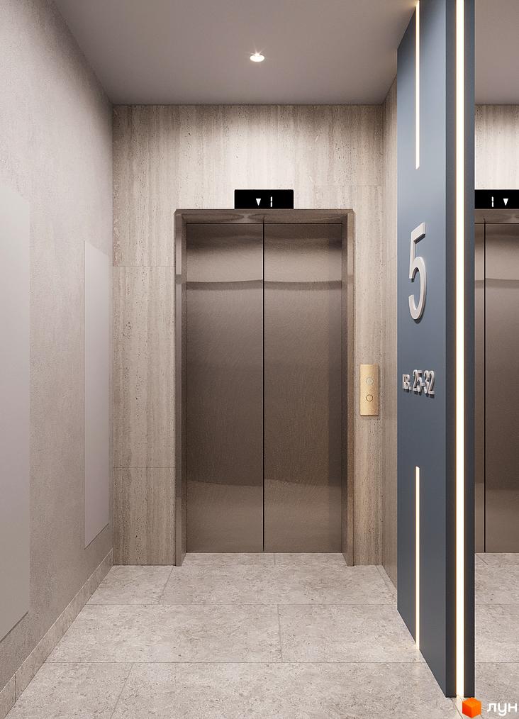 Ліфт в житловому комплексі LIZROME. Просторий хол з оздобленням з каменю та підсвічуванням, вхідні двері до ліфтів.