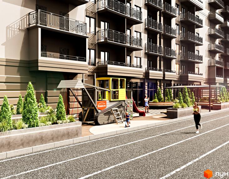 Багатоповерховий будинок ЖК Еллада з балконами та дитячим майданчиком на території. На передньому плані асфальтована дорога з розміткою для бігу.