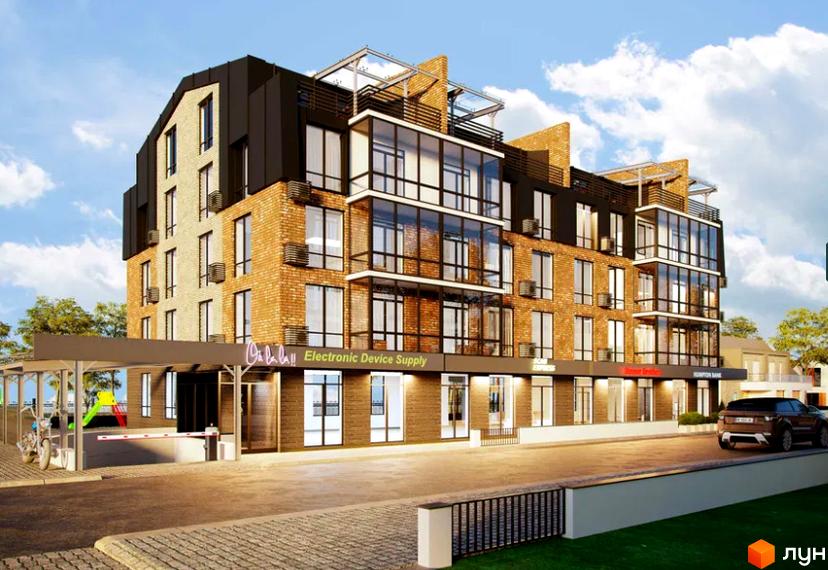 Багатоповерховий будинок з цегляною кладкою фасаду та скляними балконами. На першому поверсі розташовані магазини, перед будинком – парковка та дитячий майданчик.