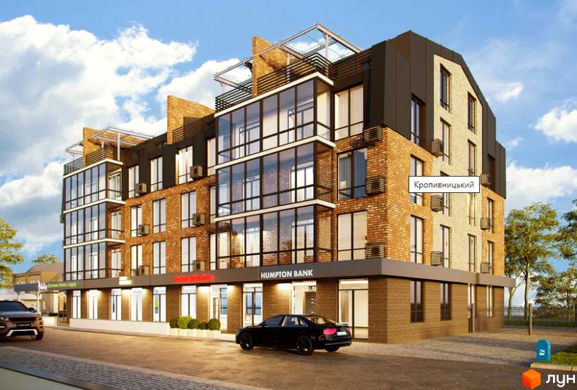 Багатоповерхова будівля з великими вікнами та скляними балконами. На першому поверсі розташовані магазини, перед будинком припарковані автомобілі.