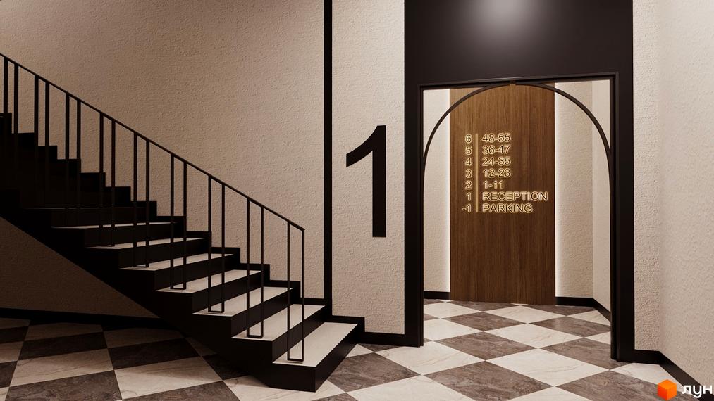 Інтер'єр будинку з чорними сходами, великою цифрою 1 на стіні та дверима з інформацією про поверхи. На підлозі плитка у шаховому порядку.