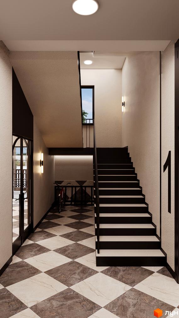 Інтер'єр холу в Будинок на Волошина з мармуровою плиткою на підлозі, сходами та велосипедом.