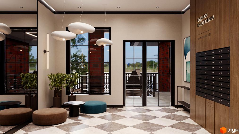 Комплекс «Будинок на Волошина». Хол з поштовими скриньками, великими вікнами та декоративним освітленням.