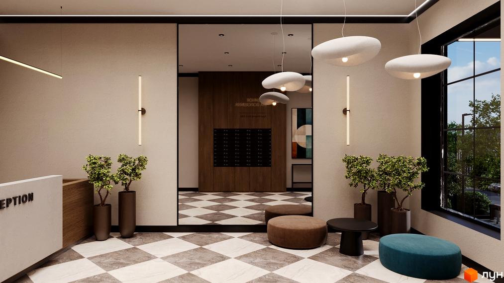 Інтер'єр холу ЖК Будинок на Волошина з декоративним освітленням, рослинами та м'якими меблями. Просторий хол з великим дзеркалом та шаховою підлогою.
