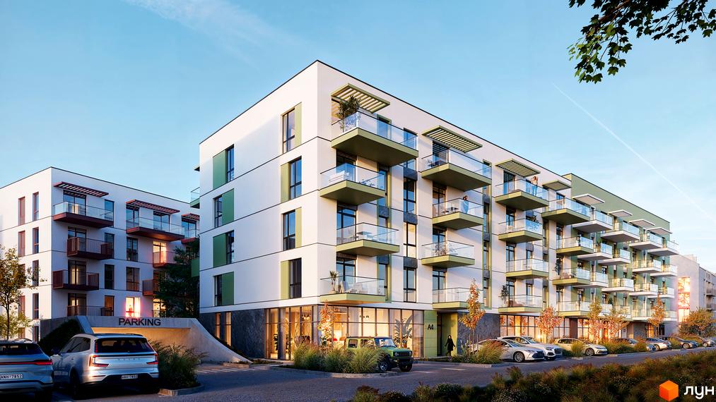 Житловий комплекс VERO з білими фасадами, скляними балконами та зеленими акцентами. На прибудинковій території є парковка та зелені насадження.