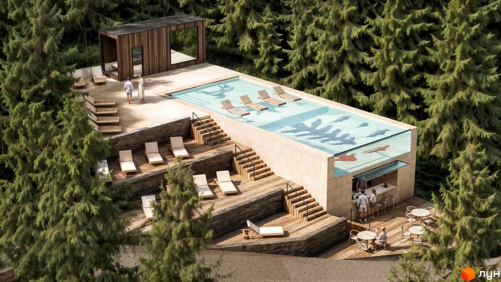 Басейн з терасами та зоною відпочинку в Апарт-готелі Вірші серед лісу. Дерев'яні настили, шезлонги та бар.