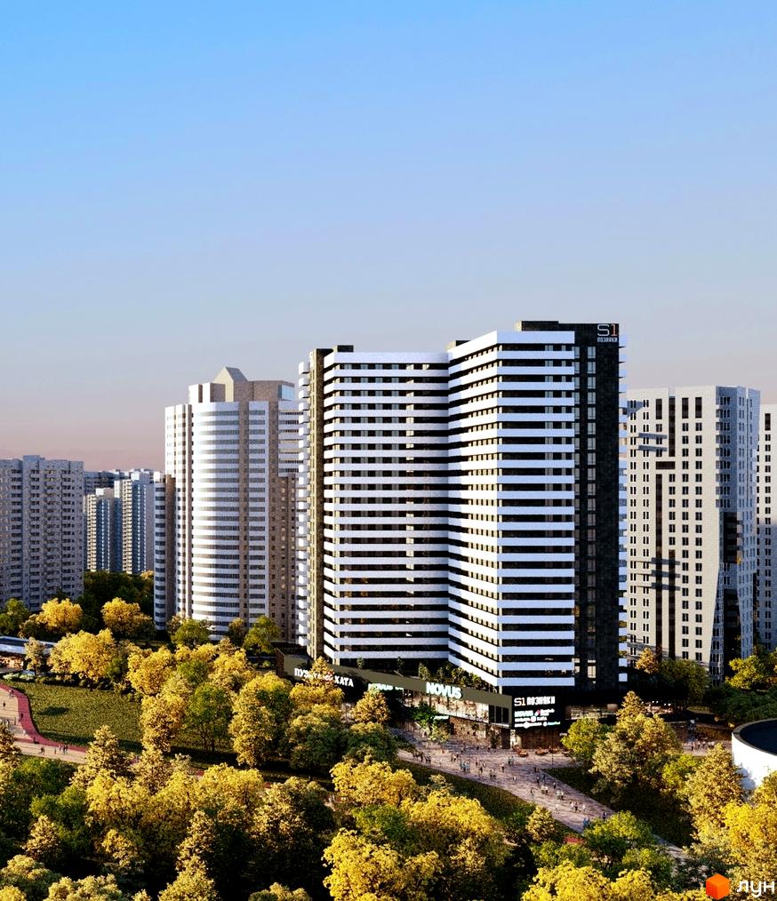 Високоповерховий будинок S1 Позняки з білими та чорними смугами на фасаді. Навколо будинку зелені дерева та доріжки для прогулянок.