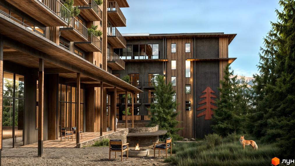 Зовнішній вигляд апарт-готелю з дерев'яними фасадами та балконами. На території розташовані місця для відпочинку з вогнищем та зелені насадження.