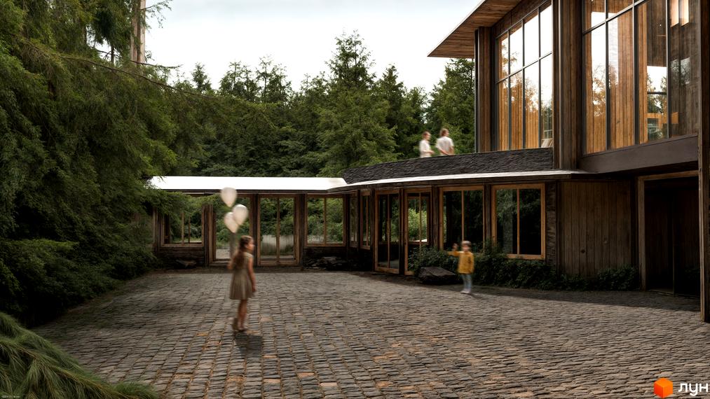 Зображення житлового комплексу з дерев'яним фасадом та великими вікнами. На території комплексу діти з повітряними кульками.