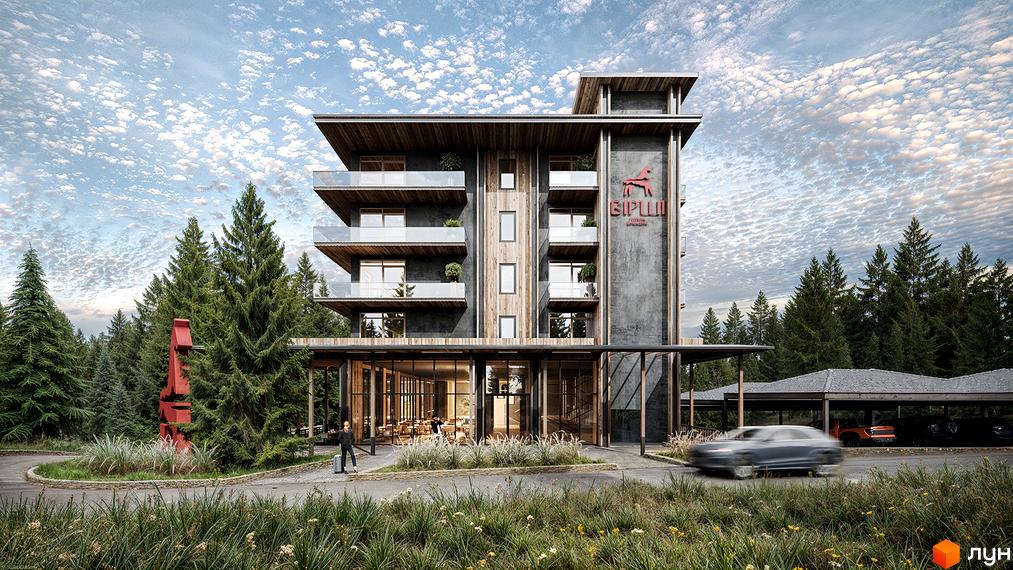 Зовнішній вигляд апарт-готелю Вірші з терасами та скляним фасадом. На передньому плані зелена трава, поруч з будівлею дерева.