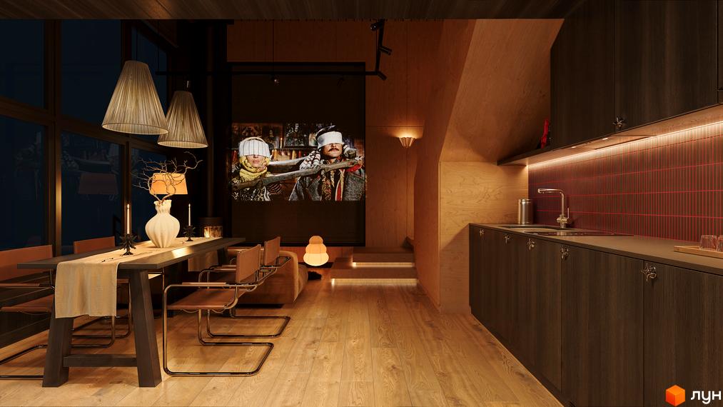 Інтер'єр кухні в КМ Вірші з дерев'яними елементами, темними меблями та червоною плиткою. На стіні телевізор, а на столі свічки та ваза.