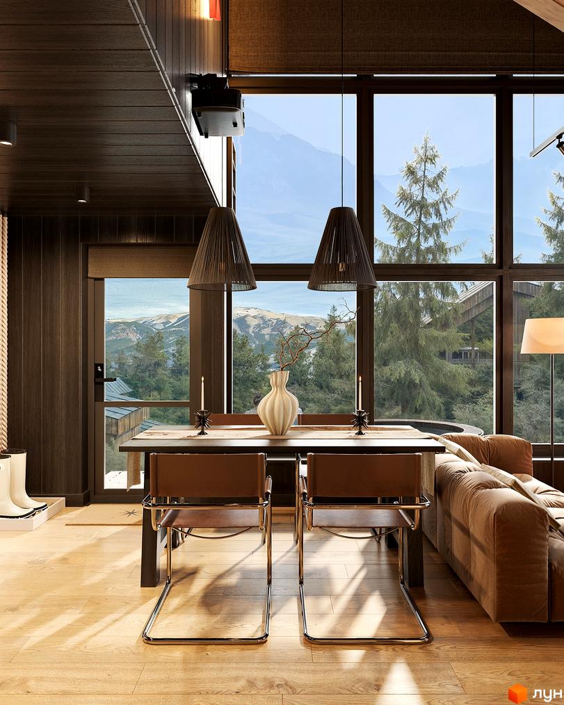 Інтер'єр вітальні в Котеджному комплексі з панорамними вікнами та видом на гори. Дерев'яні меблі, камін, диван, світильники та декор створюють атмосферу затишку.