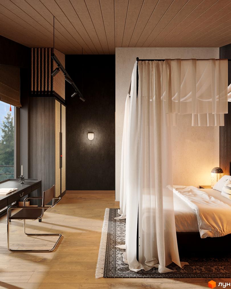 Інтер'єр спальні в будинку з дерев'яною підлогою, ліжком з балдахіном, робочим місцем біля вікна та килимом.