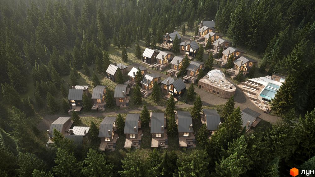 Котеджне містечко з дерев'яними будинками з панорамними вікнами та терасами, розташоване серед хвойного лісу. На території є басейн та зона відпочинку.