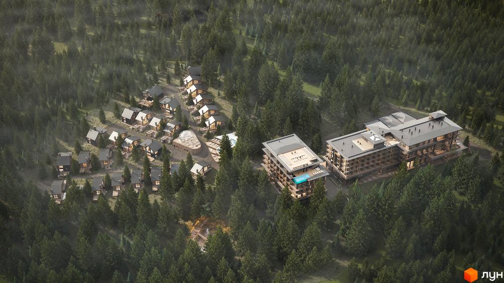 Котеджний комплекс у лісі з деревʼяними котеджами та будівлею готелю з басейном на даху. Навколо густий хвойний ліс.