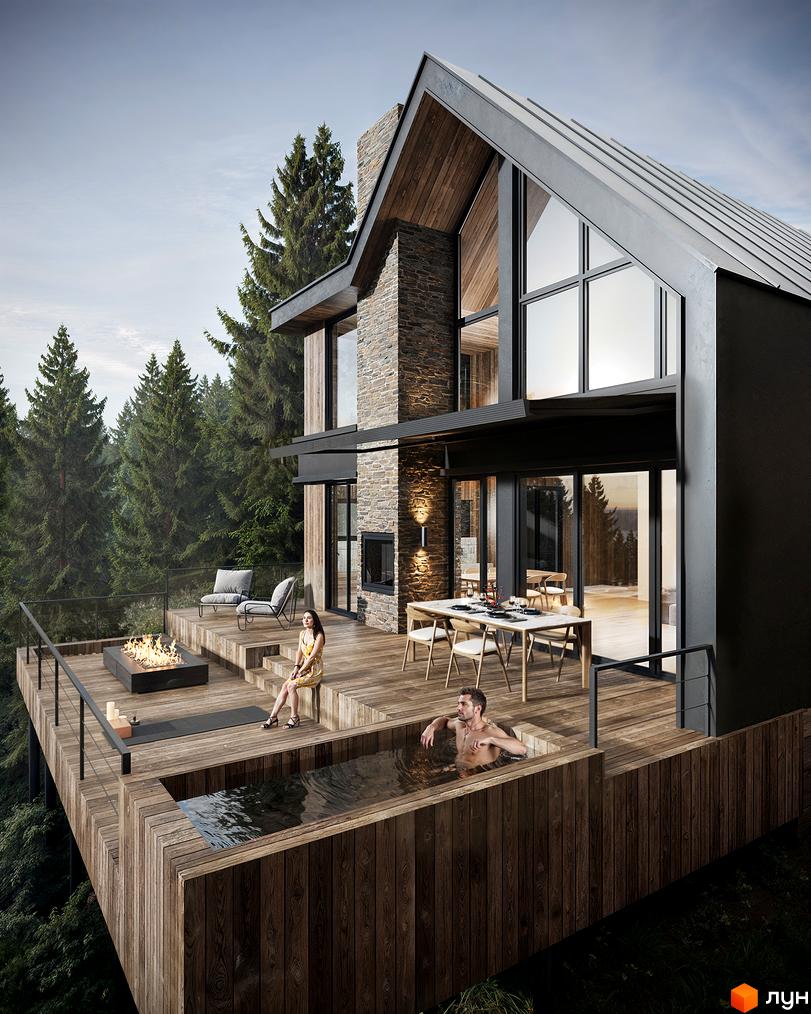 Дерев'яний будинок з панорамними вікнами та терасою з басейном і зоною відпочинку. Котеджне містечко КМ Вірші - ідеальне місце для життя та відпочинку.