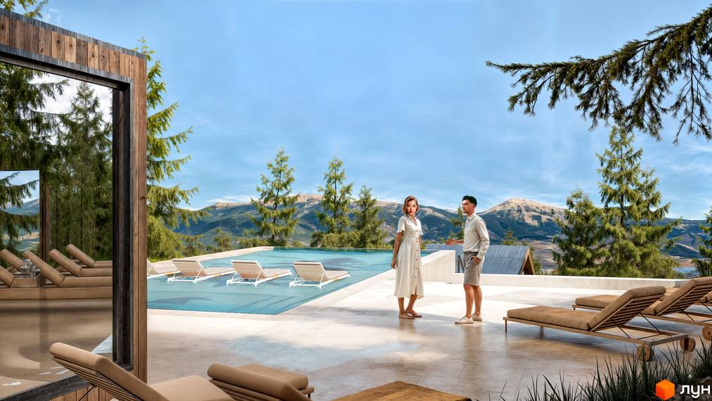 Вид на басейн та терасу в Котеджному комплексі з панорамними вікнами, що відкривають краєвиди гір та лісу. На терасі шезлонги для відпочинку.