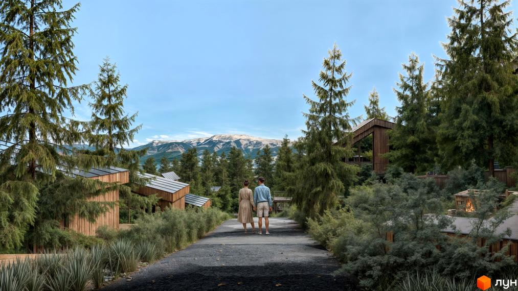 Дерев'яні будинки з панорамними вікнами серед хвойних дерев. Котеджне містечко з асфальтованою дорогою та видом на гори.