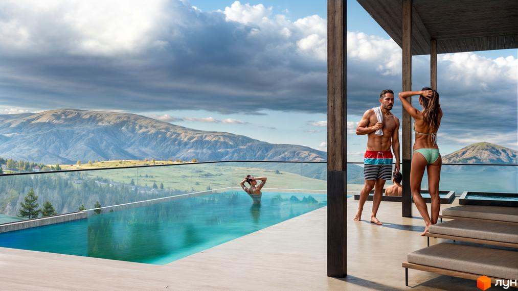 Басейн з видом на гори в КМ Вірші. Простора тераса з лежаками, поруч з басейном, де відпочивають люди.