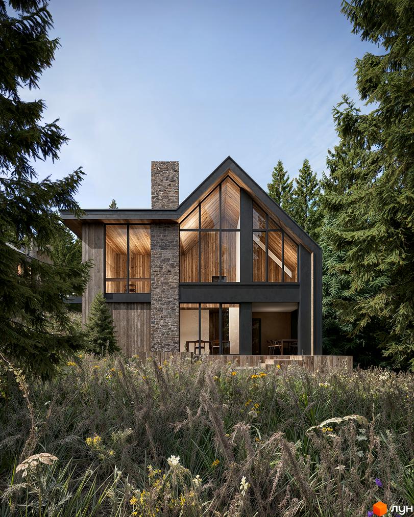Двоповерховий будинок з великими вікнами та кам'яним димарем. На передньому плані висока трава та квіти, навколо будинку дерева.