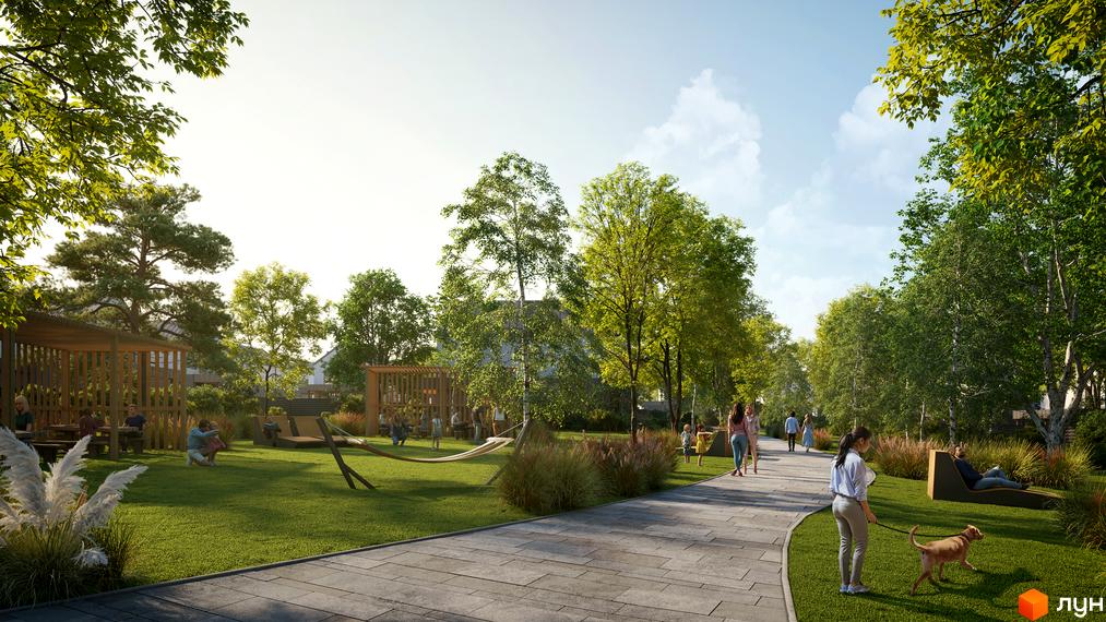 Зображення сторінки житлового комплексу КМ NARVILLE. На фото зображено зелену прибудинкову територію з алеями для прогулянок та місцями для відпочинку.