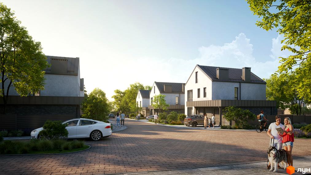 Котеджне містечко NARVILLE. Білі будинки з темними дахами та гаражами, бруківка, зелені насадження, люди та автомобілі на території.