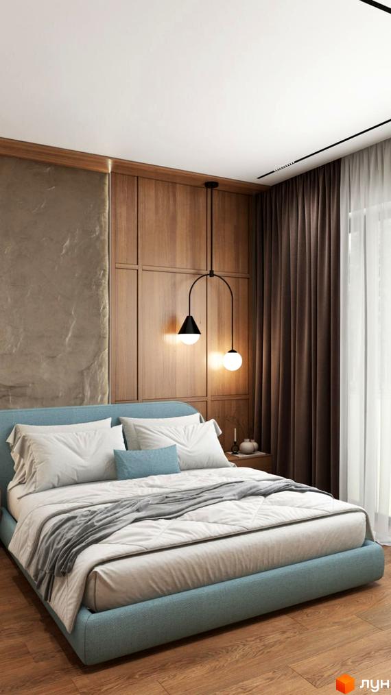 Інтер'єр спальні в будинку. Дерев'яні панелі на стіні, ліжко з текстилем, світильники. КМ Bucha Village - продаж квартир та будинків.