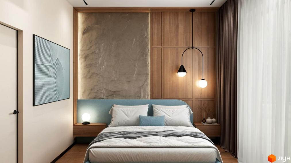 Затишна спальня в будинку КМ Bucha Village з дерев'яним оздобленням стіни, ліжком з м'яким узголів'ям та картиною на стіні.