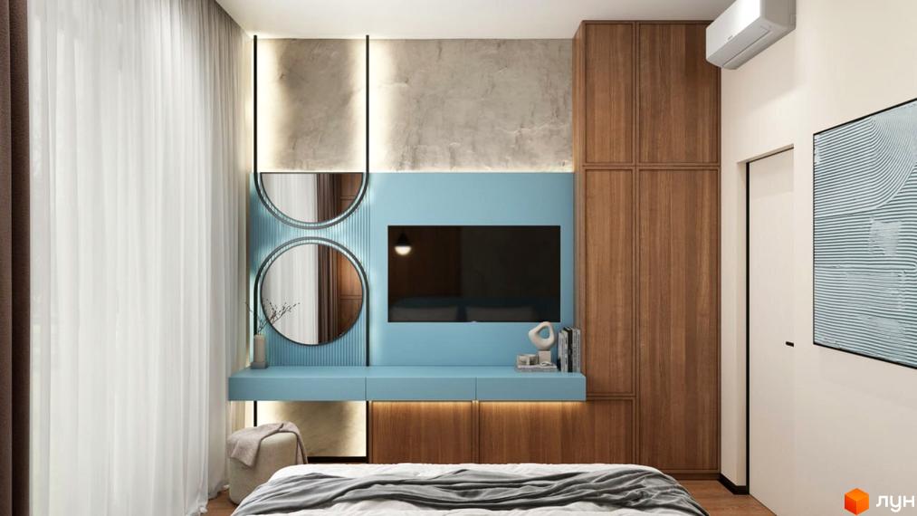 Інтер'єр спальні в будинку. КМ Bucha Village: оздоблення стін, меблі, дзеркала, телевізор, ліжко, штори. Дизайн житла.