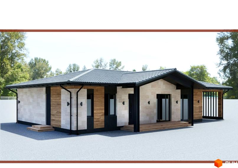 Одноповерховий будинок з кам'яним фасадом та чорним дахом. На території Містечко котеджів КМ Bucha Village галькове покриття.