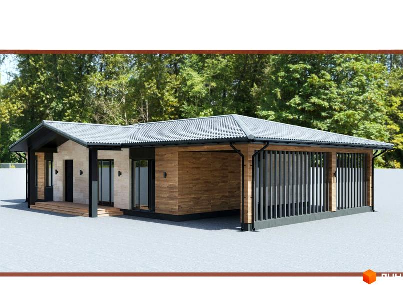 Одноповерховий будинок з дерев'яним оздобленням та сірою черепичною покрівлею. На території Містечко котеджів Bucha Village є зелені насадження.