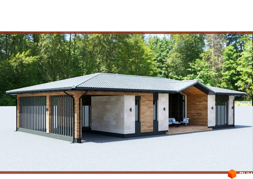 Одноповерховий будинок з світлими стінами, дерев'яними елементами та терасою. Навколо будинку викладено бруківку, а на задньому плані видно зелені дерева.