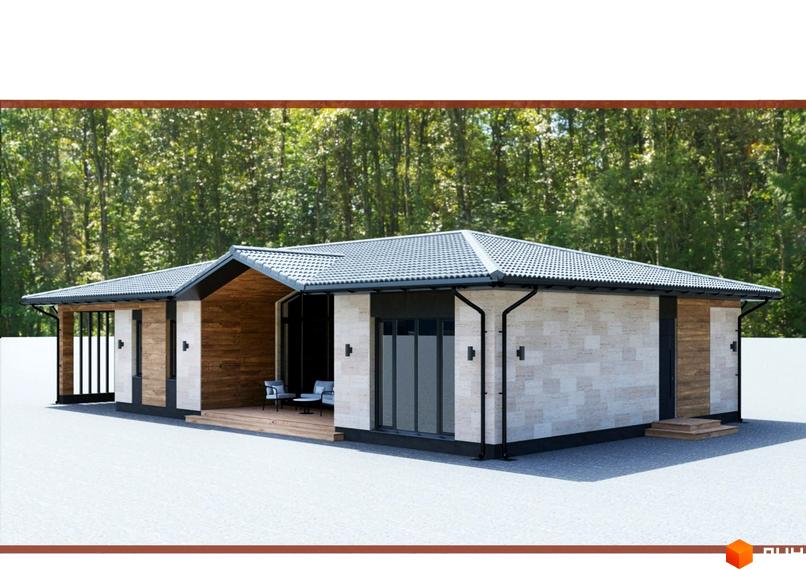 Одноповерховий будинок у Котеджному містечку КМ Bucha Village з терасою та панорамними вікнами на тлі лісу. Фасад будинку виконаний з каменю та дерева.