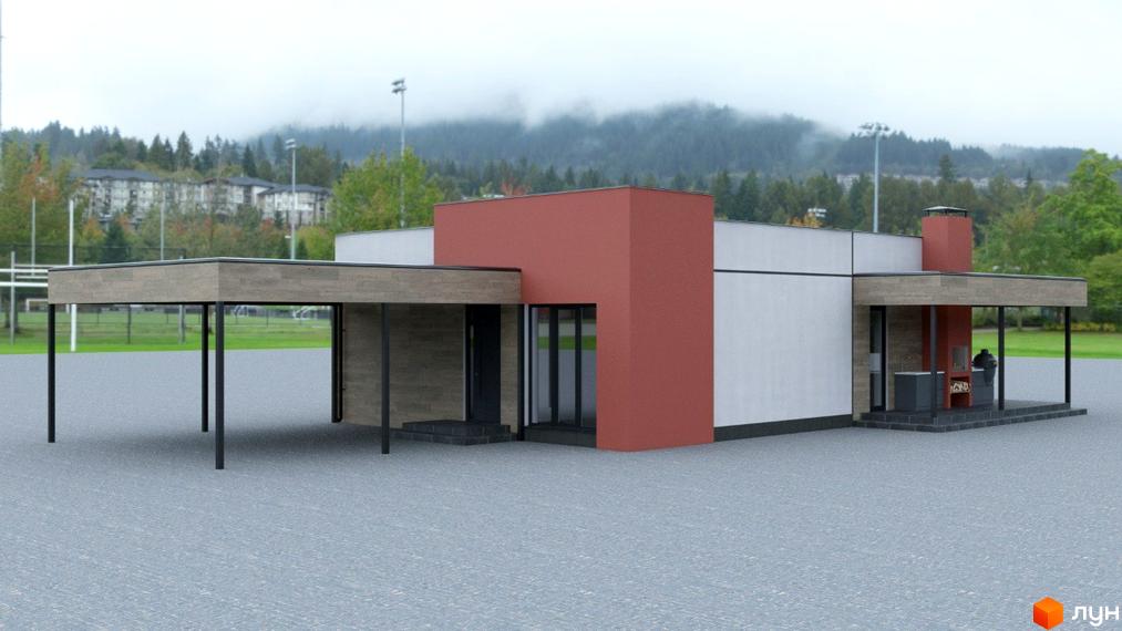 Візуалізація будинку в Містечку котеджів Bucha Village. Одноповерховий будинок з терасою та зоною барбекю на прибудинковій території.