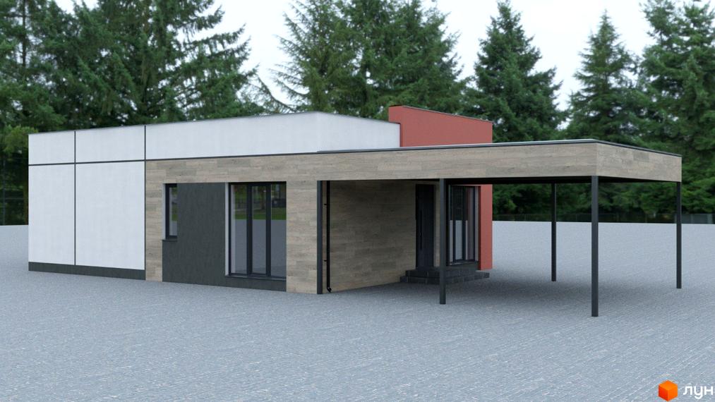 Одноповерховий будинок з пласкою покрівлею, оздоблений деревом та білими панелями. Перед будинком розташована вимощена територія.