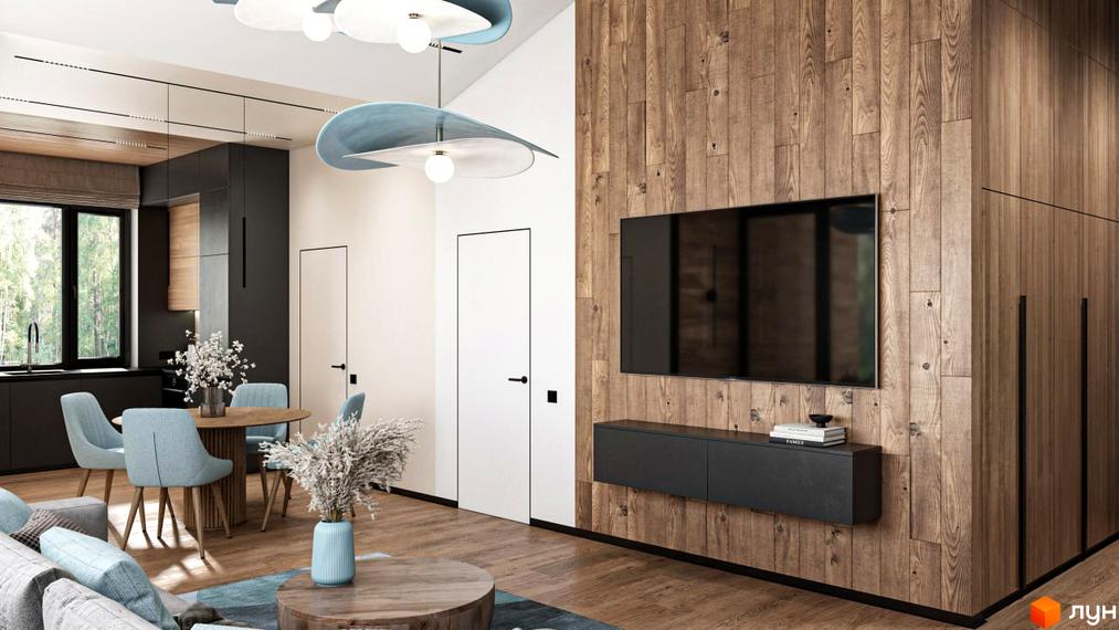 Інтер'єр вітальні в Котеджному містечку КМ Bucha Village. Дерев'яна стіна з телевізором, диван, круглий стіл, стільці, двері з чорною фурнітурою.