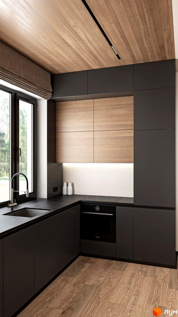 Інтер'єр кухні в Містечку котеджів КМ Bucha Village з дерев'яною стелею та темними меблями, великим вікном та світлою підлогою.