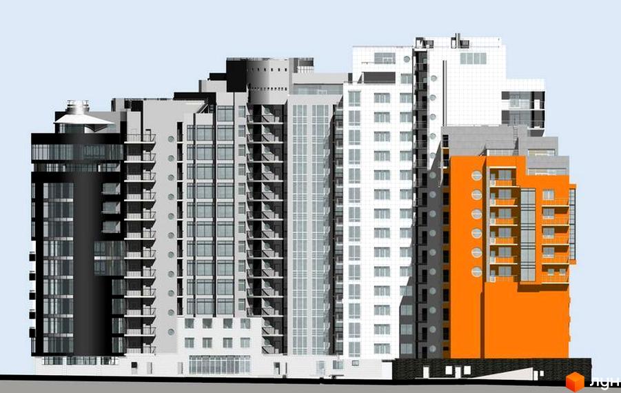 Зовнішній вигляд житлового комплексу ЖК Гранд Парк з сучасними фасадами. Прибудинкова територія з зеленими насадженнями та зонами відпочинку.