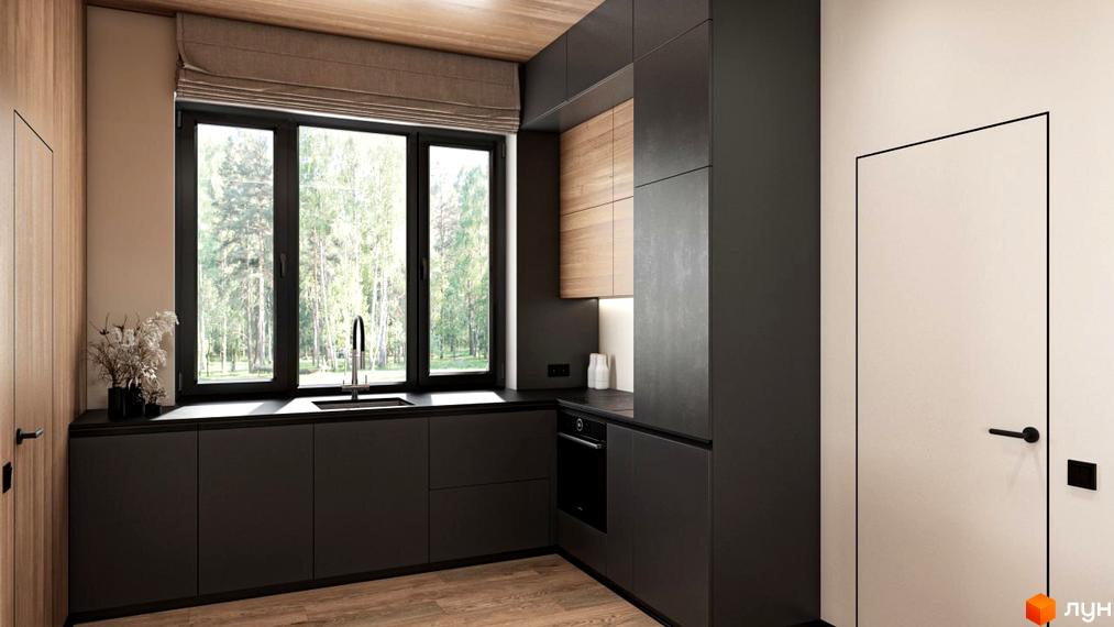 Інтер'єр кухні в будинку КМ Bucha Village з темними меблями та великим вікном з видом на природу. Світле дерево на стелі додає затишку.