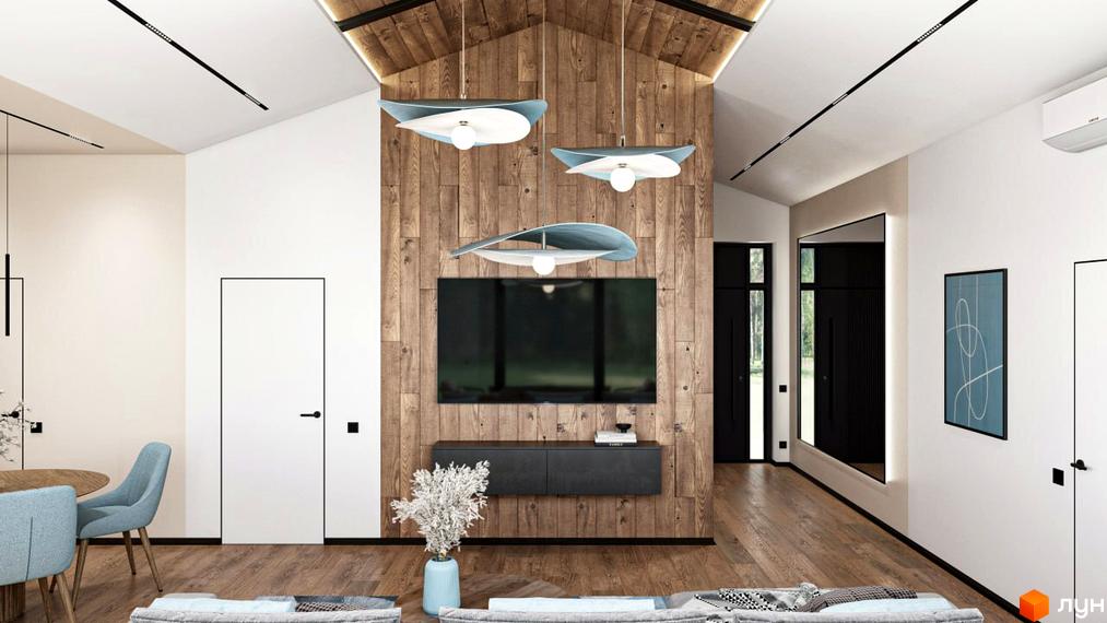 Інтер'єр вітальні в будинку КМ Bucha Village. Дерев'яне оздоблення стіни з телевізором, підвісні світильники, світлі стіни та підлога, диван.