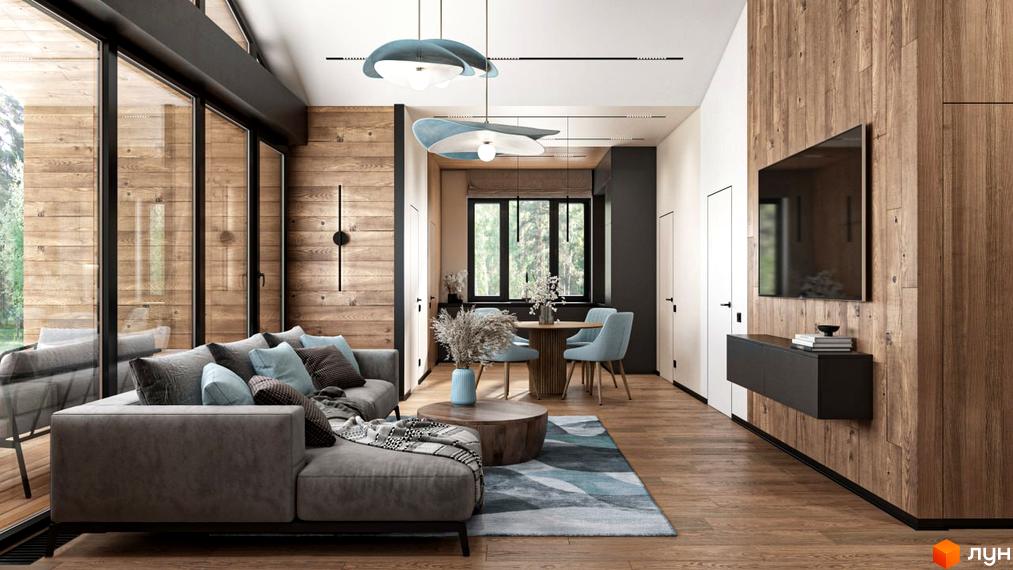 Інтер'єр вітальні в будинку КМ Bucha Village з дерев'яними стінами, диваном, килимом та телевізором.