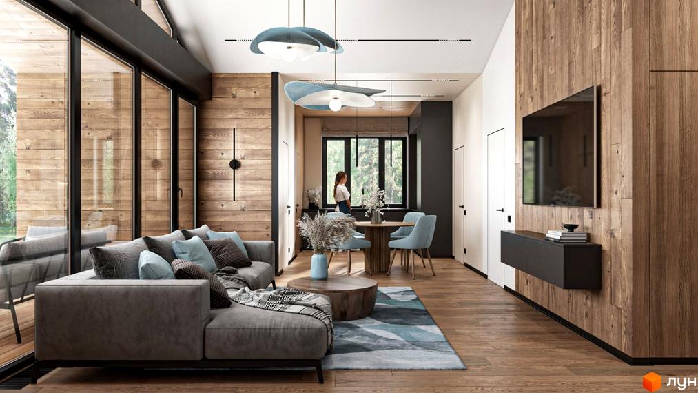 Інтер'єр вітальні в Котеджному містечку КМ Bucha Village. Дерев'яне оздоблення стін, великі вікна, диван з подушками, килим та підвісні світильники.