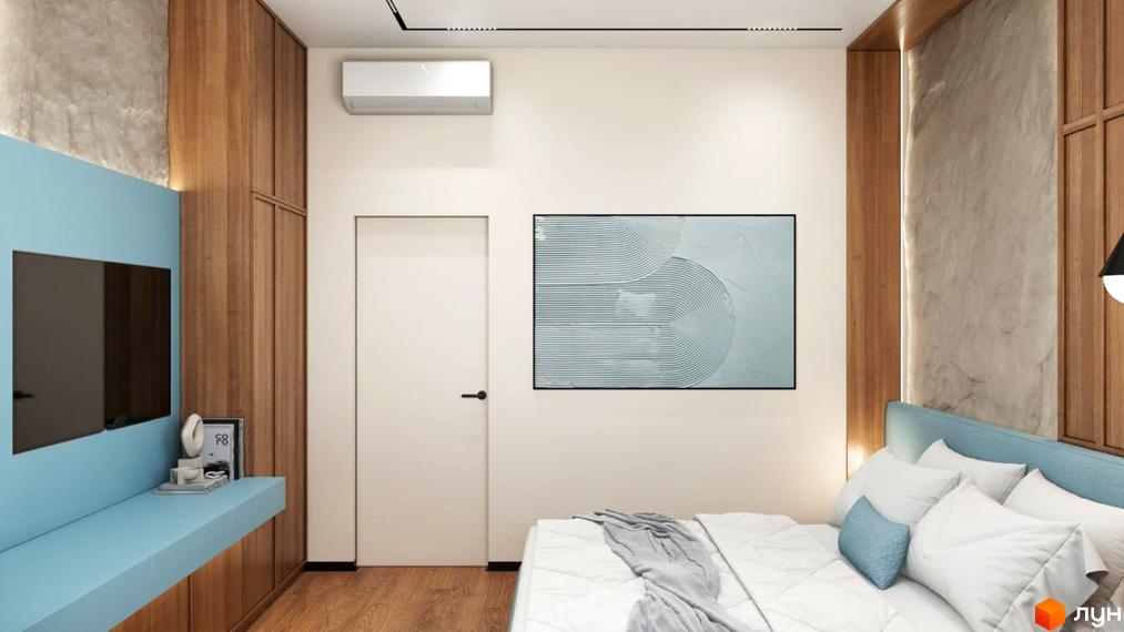 Інтер'єр спальні в будинку. Світлі стіни, дерев'яні шафи, ліжко з блакитним узголів'ям, картина на стіні. КМ Bucha Village - комфортне житло за містом.