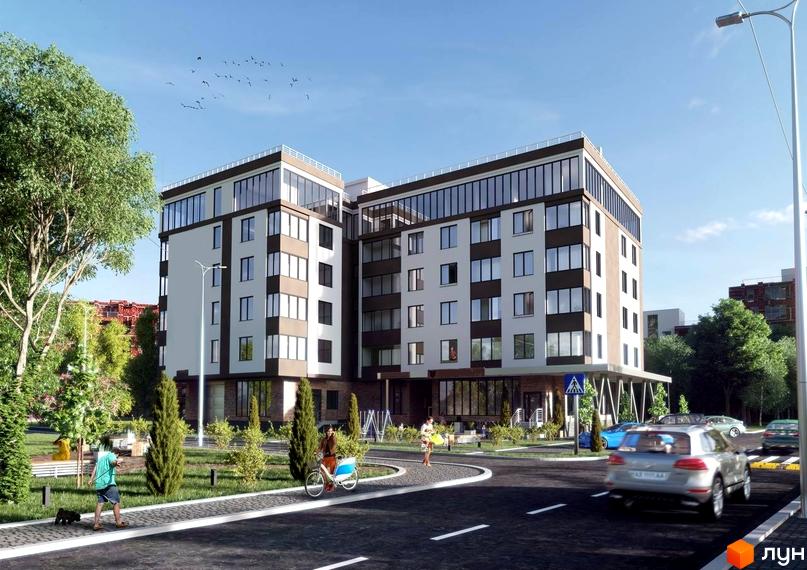 Житловий комплекс Будинок на Волошина. Багатоповерховий будинок з великими вікнами та світлим фасадом. На прибудинковій території зелені насадження, пішохідні доріжки та дорога.