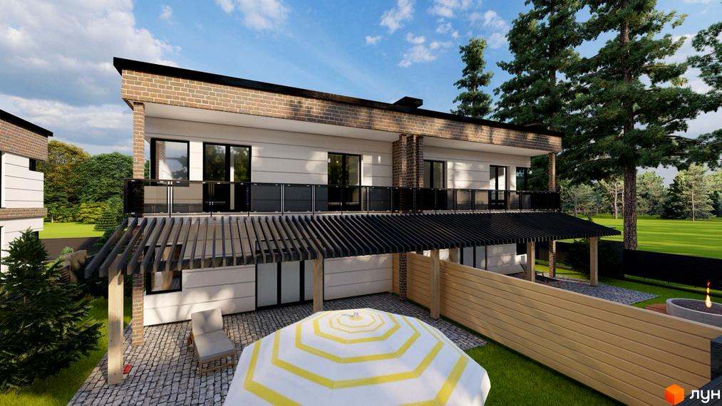 Двоповерховий будинок з цегляним оздобленням та скляним огородженням балкону. На прибудинковій території газон, бруківка, парасолька та дерев'яний паркан.