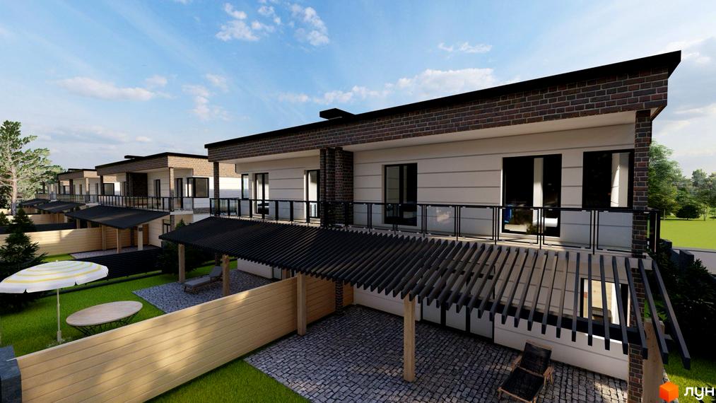 Зображення сторінки житлового комплексу з дуплексами. Будинки з білими стінами, чорними дахами та терасами. На території є зелені газони, альтанки та місця для відпочинку.