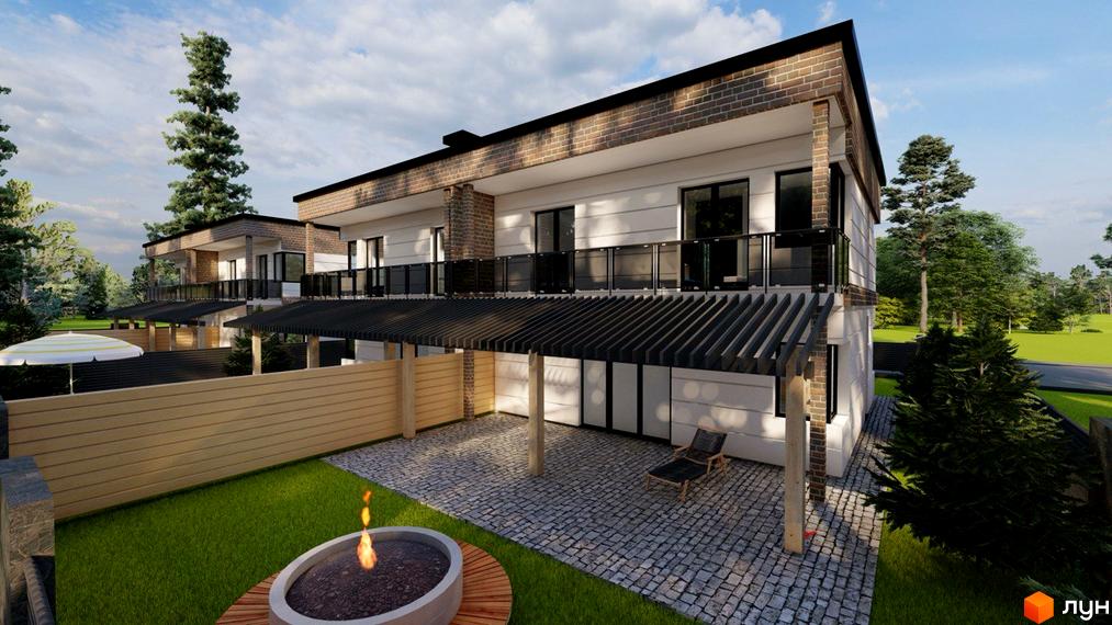 Двоповерховий будинок з терасою та скляними перилами. На території є зона відпочинку з вогнищем та бруківкою.