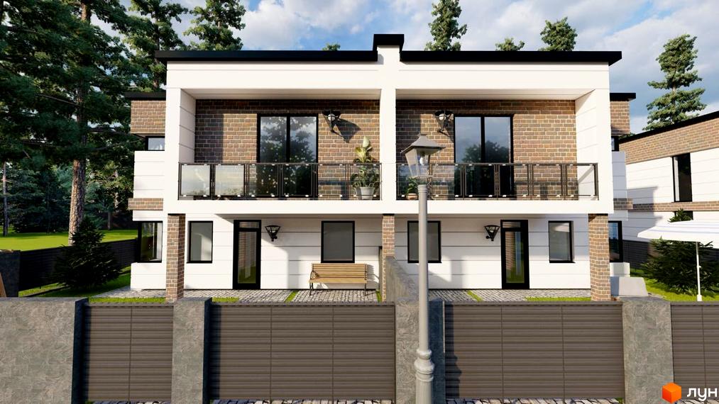 Двоповерховий будинок з цегляною кладкою та скляним огородженням балконів. Перед будинком розташований паркан та вуличне освітлення.