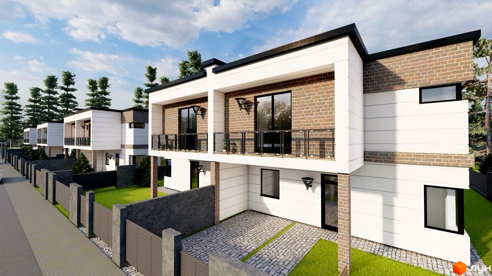 Двоповерхові будинки з цегляним фасадом та скляними балконами в Котеджному комплексі. На території газон, бруківка та паркан.