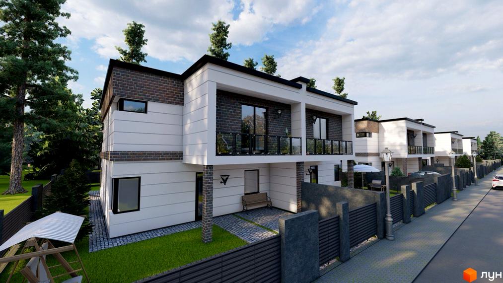 Двоповерховий будинок з білими стінами та цегляним оздобленням. На території є газон, паркан та доріжка з бруківки.